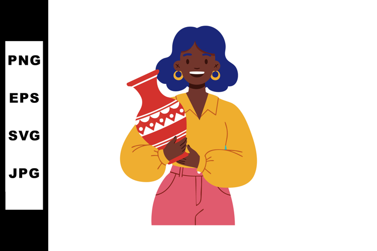 Woman holding traditional red and white patterned vase in ca