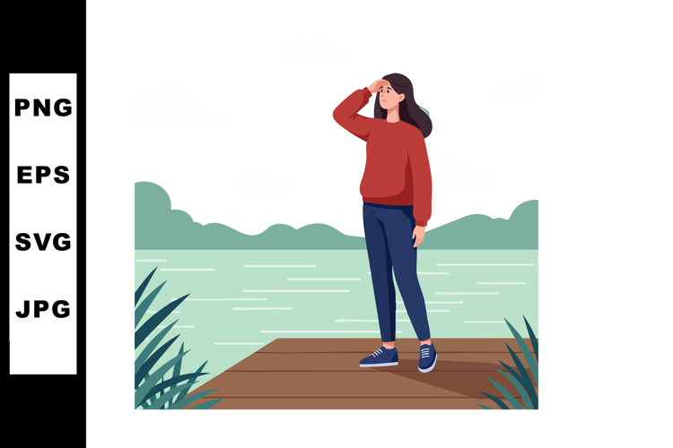Woman standing on wooden pier looking into distance by lake