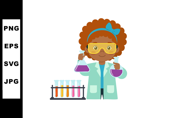Young girl scientist holding flasks with colorful liquids in