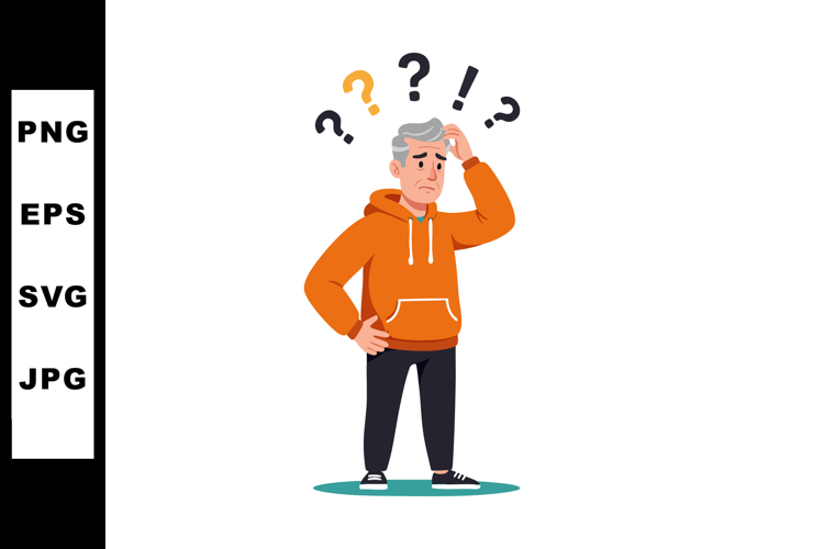 Elderly man in orange hoodie confused with question marks il
