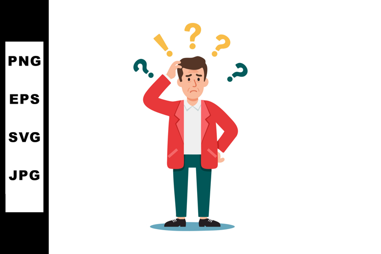 Confused man scratching head with question marks around in r