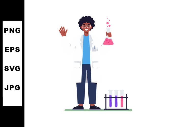 Young scientist holding pink chemical flask with test tubes
