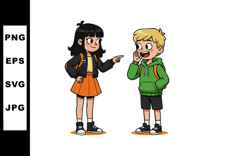 Two schoolchildren chatting and laughing with backpacks in c