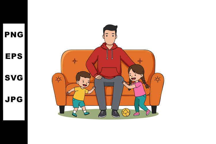 Father Playing with Son and Daughter on Orange Couch in Fami