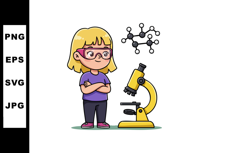 Girl Scientist with Microscope and Molecular Model Vector Il