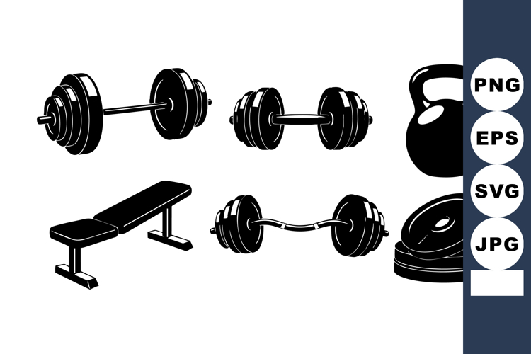 Gym equipment set including dumbbells, kettlebell, bench, ba