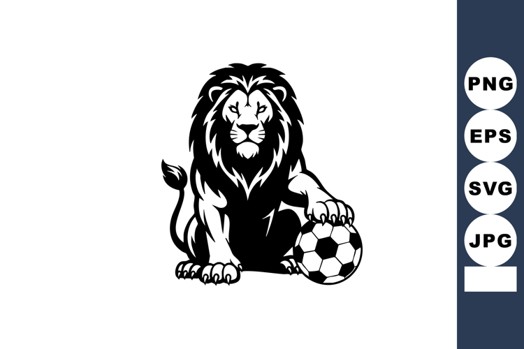 Lion sitting with soccer ball mascot design for sports team