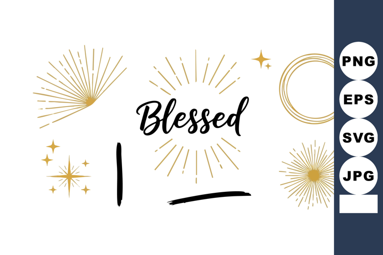 Blessed text with golden sparkles and decorative starburst s