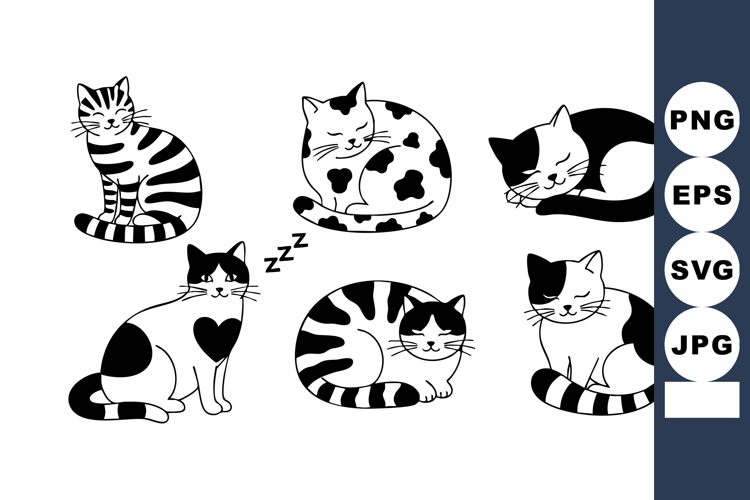 Black and white cat vector set with various patterns and sle