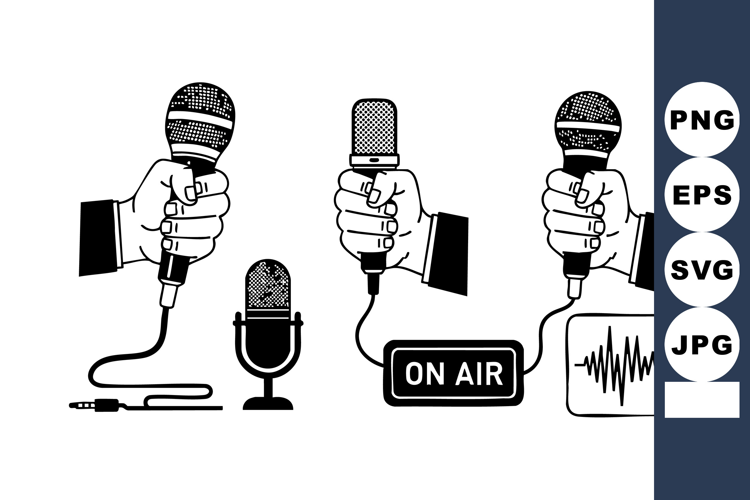 Microphones with hand holding different types and on air sig