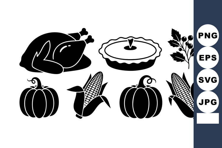 Thanksgiving dinner icons with turkey, pumpkin pie, corn, pu