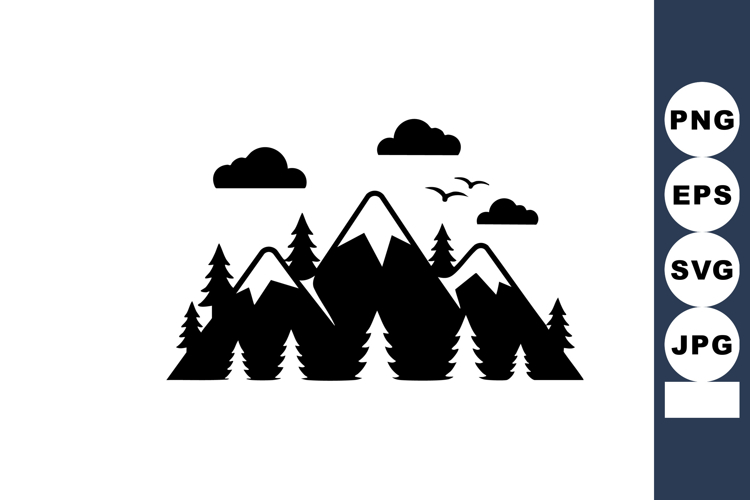 Mountain forest landscape with pine trees clouds and birds s