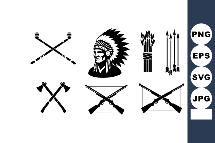 Native American Chief Headdress and Tribal Weapons Vector Se