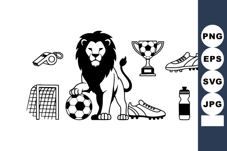 Lion mascot with soccer ball trophy cleats and sports whistl