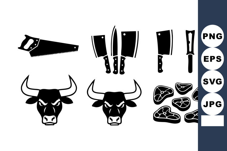 Butcher tools with bull heads and meat cuts vector collectio