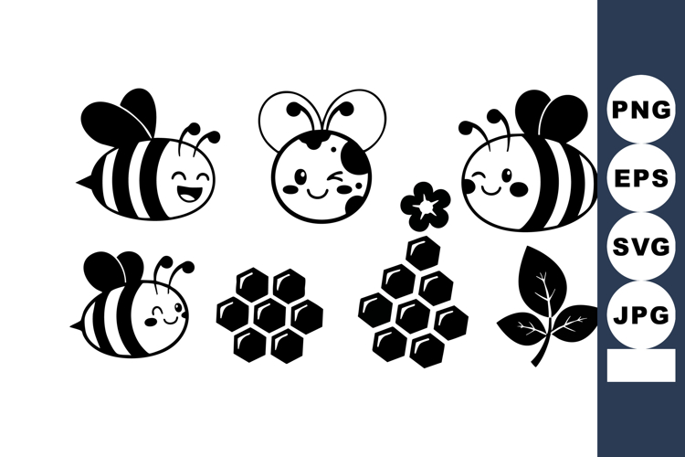 Cute happy bees with honeycombs and leaves black silhouette