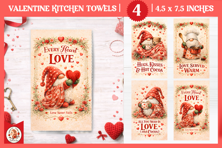 Valentines Day Kitchen Towel, Cute Valentine Gnome