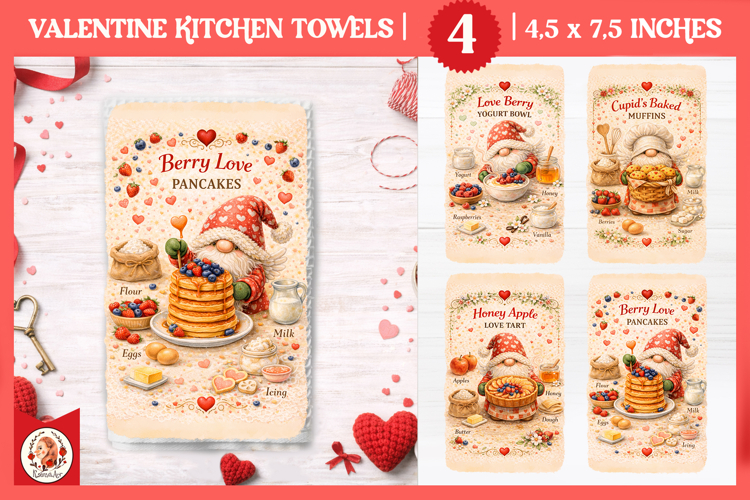 Valentines Day Kitchen Towel, Cute Valentine Gnome