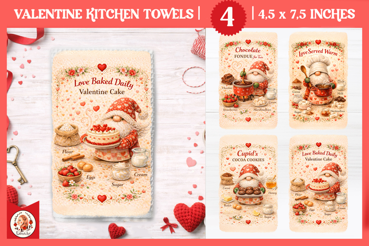 Valentines Day Kitchen Towel, Cute Valentine Gnome