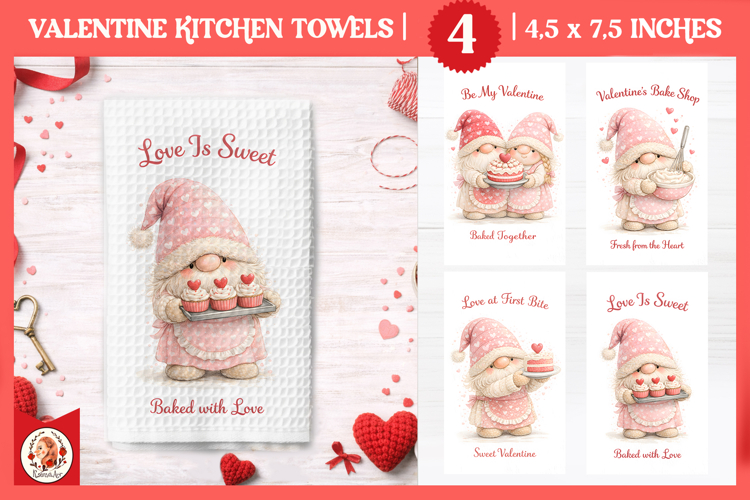 Valentines Day Kitchen Towel, Cute Valentine Gnome