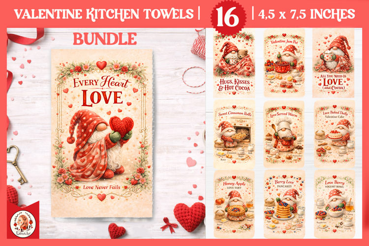 Valentines Day Kitchen Towel Bundle, Cute Valentine Gnome