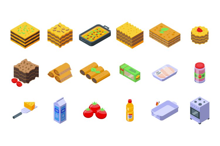 Lasagna icons set isometric vector. Cannelloni cuisine example image 1