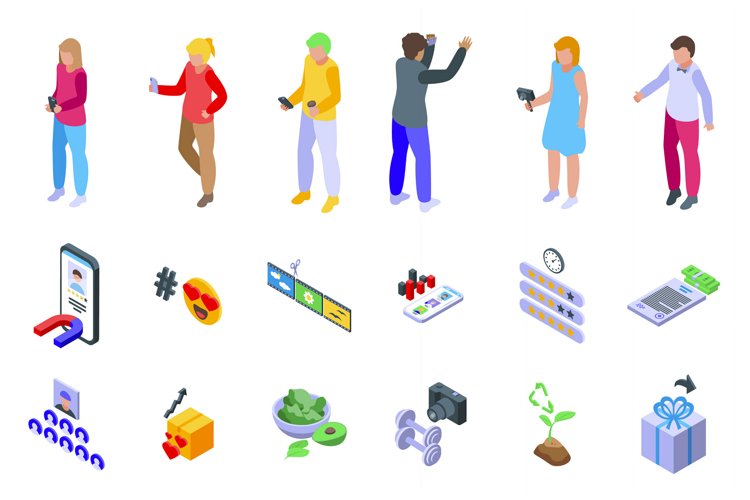 Influencer icons set isometric vector. Video subscribe example image 1