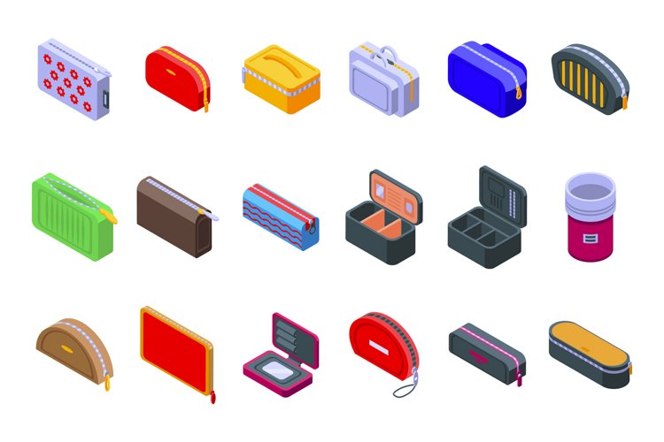 Cosmetic bag icons set isometric vector. Accessory barber