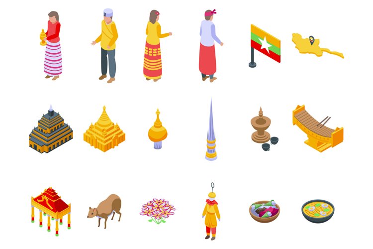 Myanmar icons set isometric vector. Burma landmark