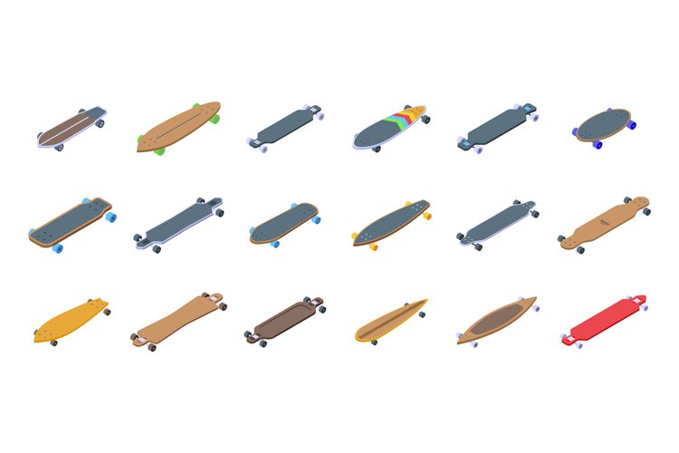 Longboard icons set isometric vector. Skateboard example image 1