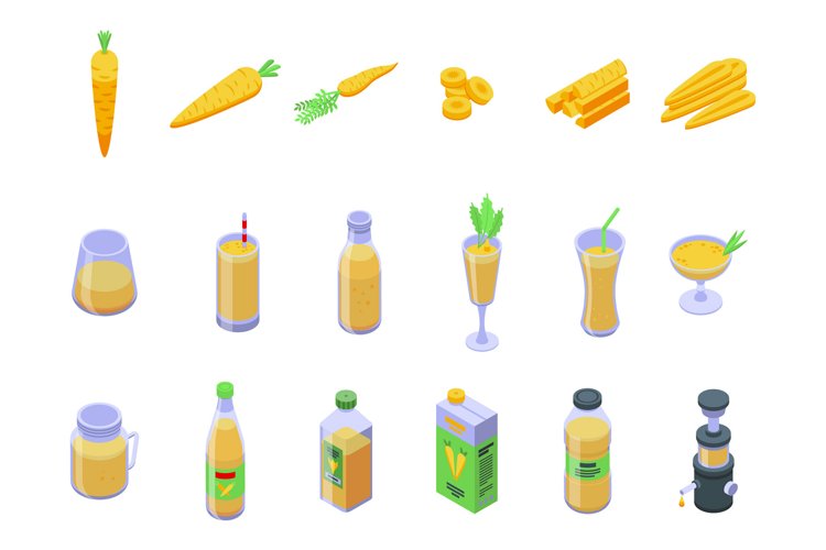 Carrot juice icons set isometric vector. Blend beverages example image 1