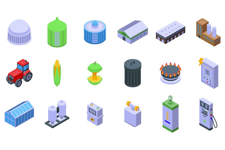 Biogas icons set isometric vector. Biomass energy