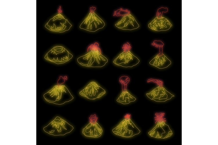 Volcano icons set vector neon
