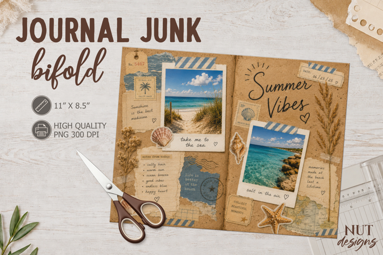 Summer Vibes Junk Journal Bifold Beach ocean digital paper