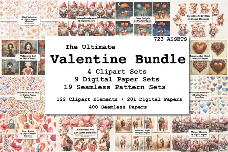 Valentine Mega Bundle Clipart, Digital Papers & Seamless