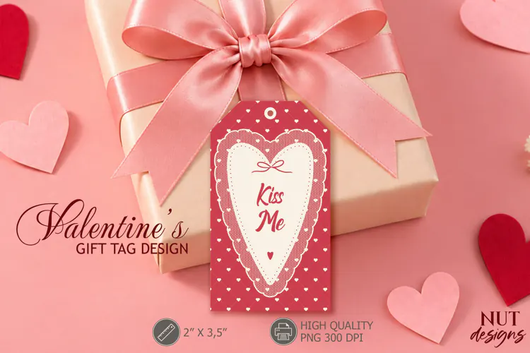 Kiss Me Valentine Lace Heart Gift Tag Vintage coquette