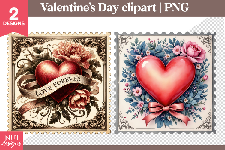 Vintage Valentines day clipart Floral Heart Valentine Stamp