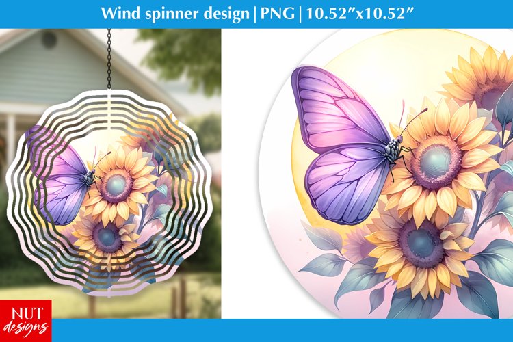 Butterfly with sunflowers round design, Spring wind spinner