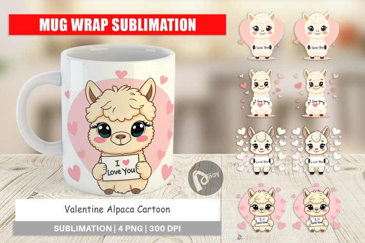Mug Wrap Design Valentine Alpaca Cartoon