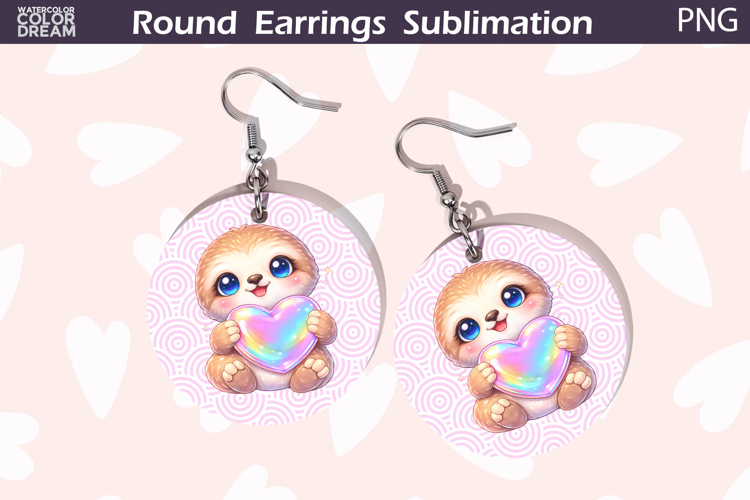 Sloth Heart Round Earrings | Cute Animal Earrings Sublimatio