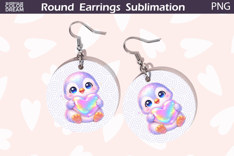 Penguin Heart Round Earrings | Cute Animal Earrings Sublima
