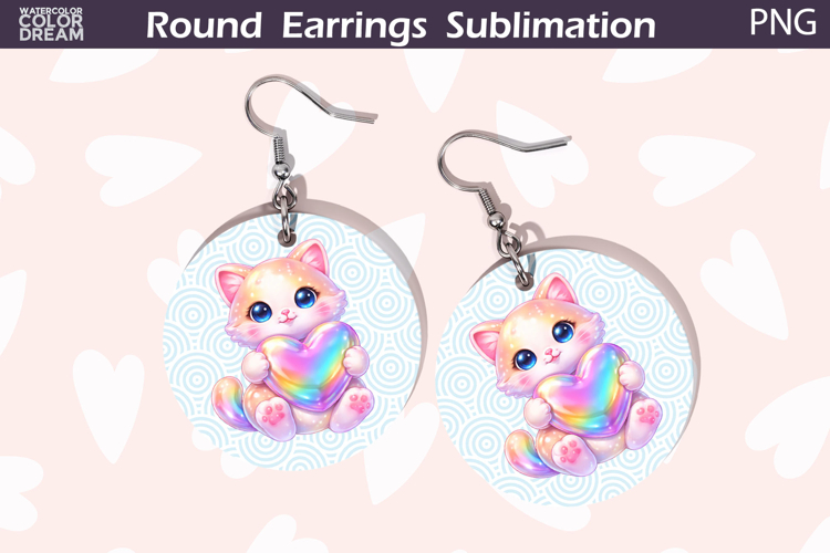Cat Heart Round Earrings | Cute Animal Earrings Sublima