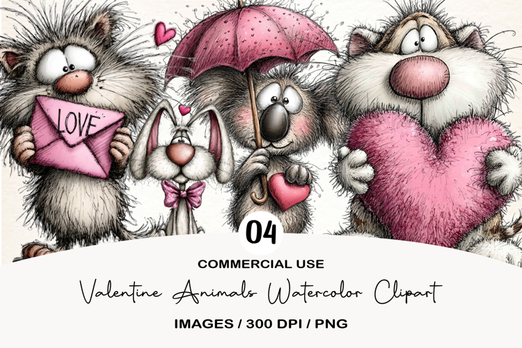 Valentine Animals Watercolor Clipart