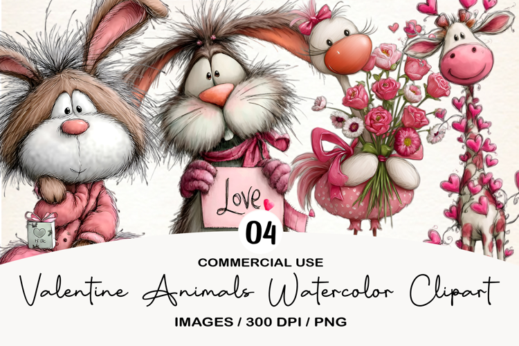 Valentine Animals Watercolor Clipart