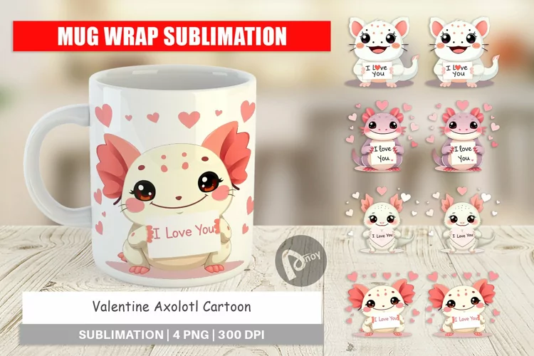 Mug Wrap Design Valentine Axolotl Cartoon