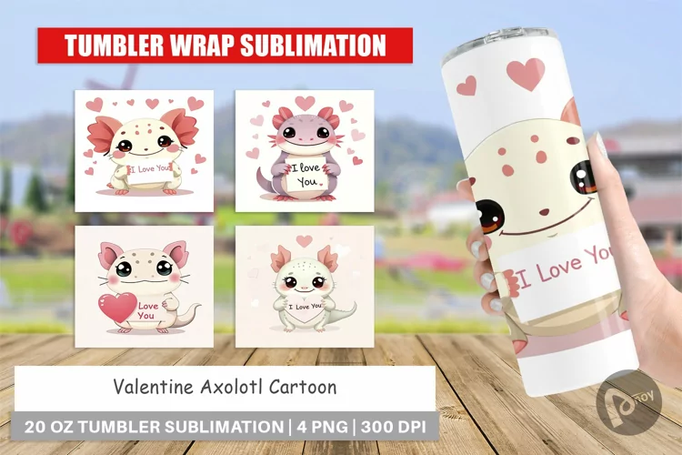 Tumbler Wrap Valentine Axolotl Cartoon