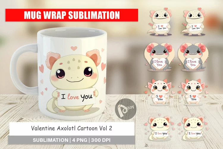 Mug Wrap Design Valentine Axolotl Cartoon