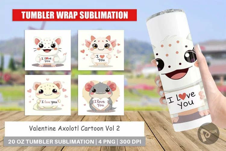 Tumbler Wrap Valentine Axolotl Cartoon