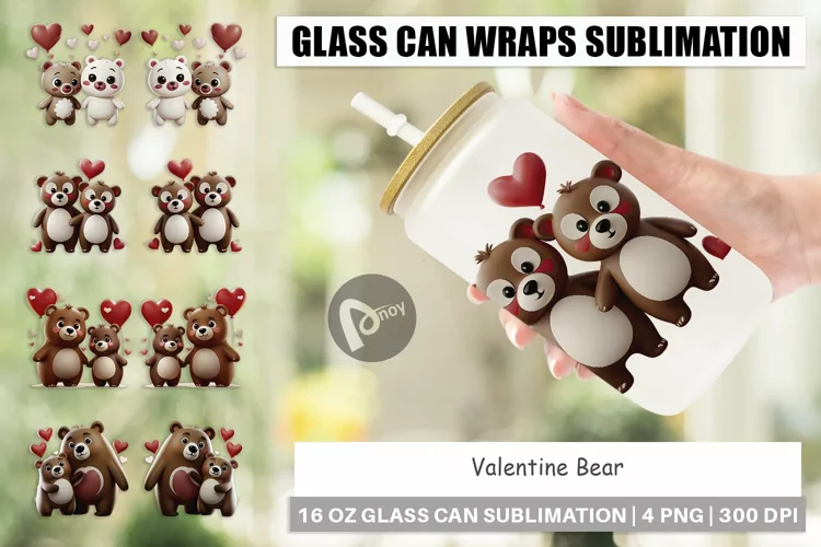 Glass Can Wraps Valentine Bear