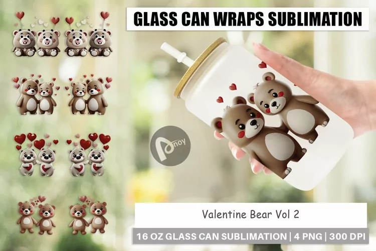 Glass Can Wraps Valentine Bear